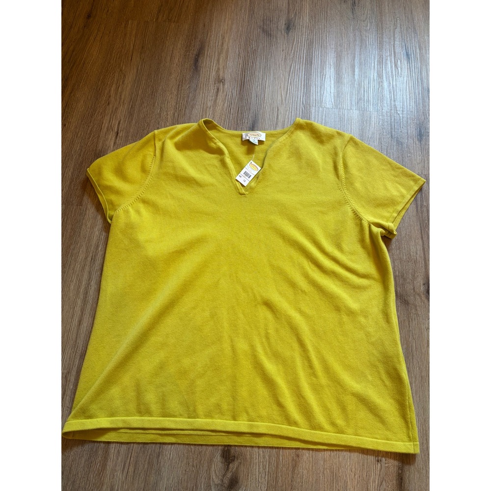 Talbots Woman Yellow/green Split V-Neck Short Sleeve Cotton Knit Sweater 1X